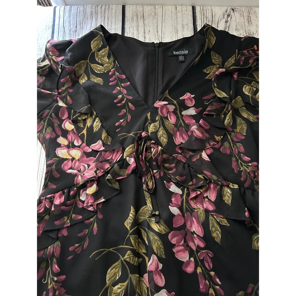 Kensie Floral Chiffon Mini Dress Whimsical Ruffle Long Sheer Sleeve 4 Cottage